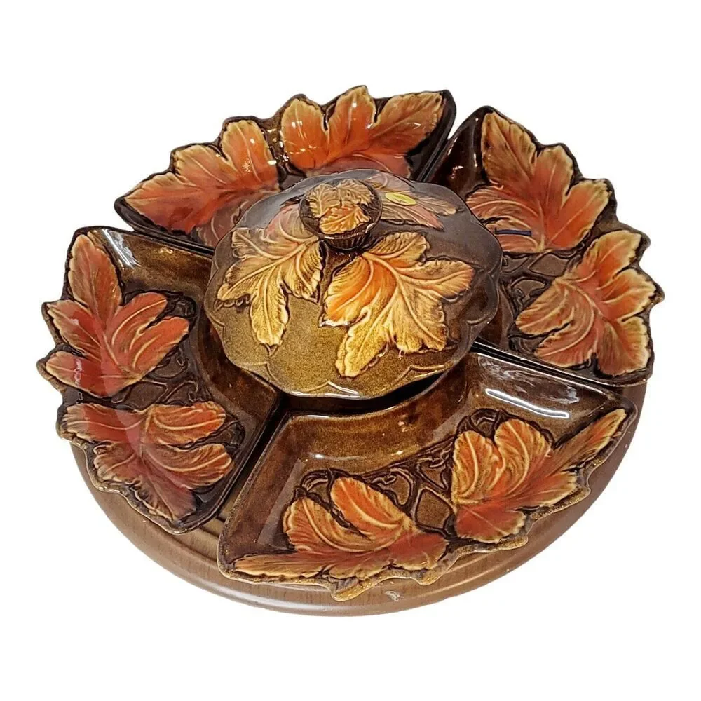 7 Pc Vintage Lazy Susan Fall Themed Red‎ Yellow Leaves Pottery Serving Set USA